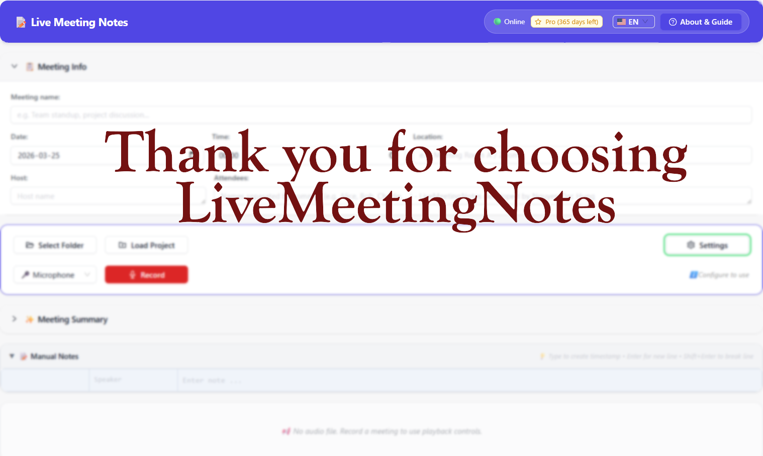 Live Meeting Notes — Main interface