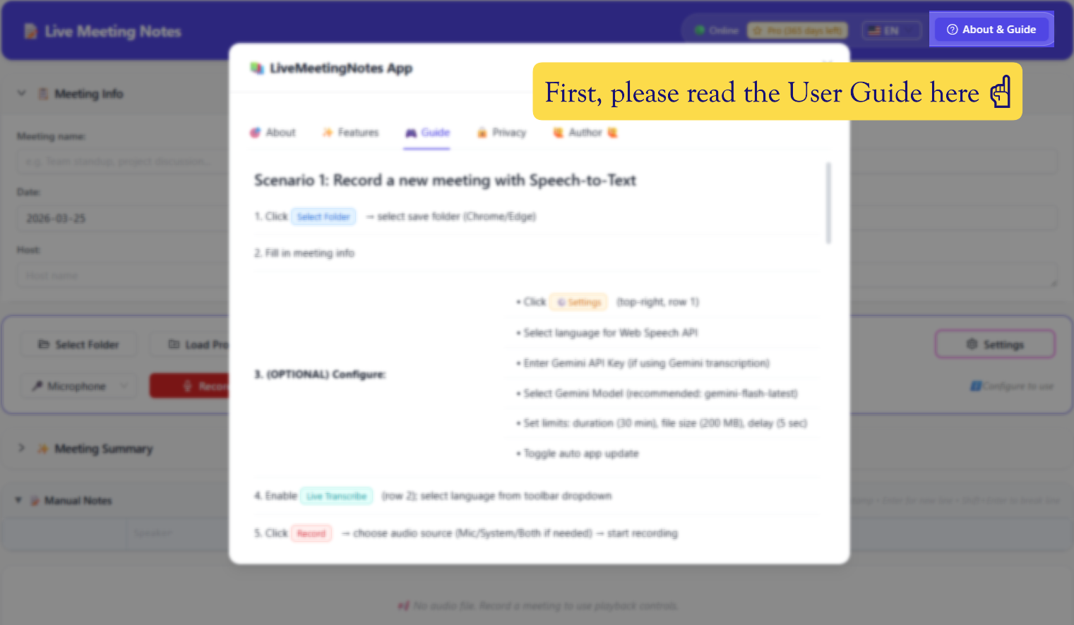 About & Guide panel
