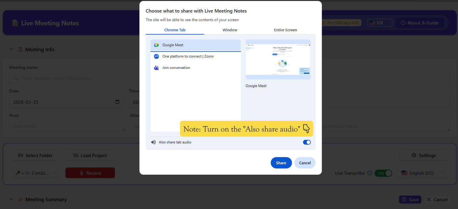 Share tab audio dialog