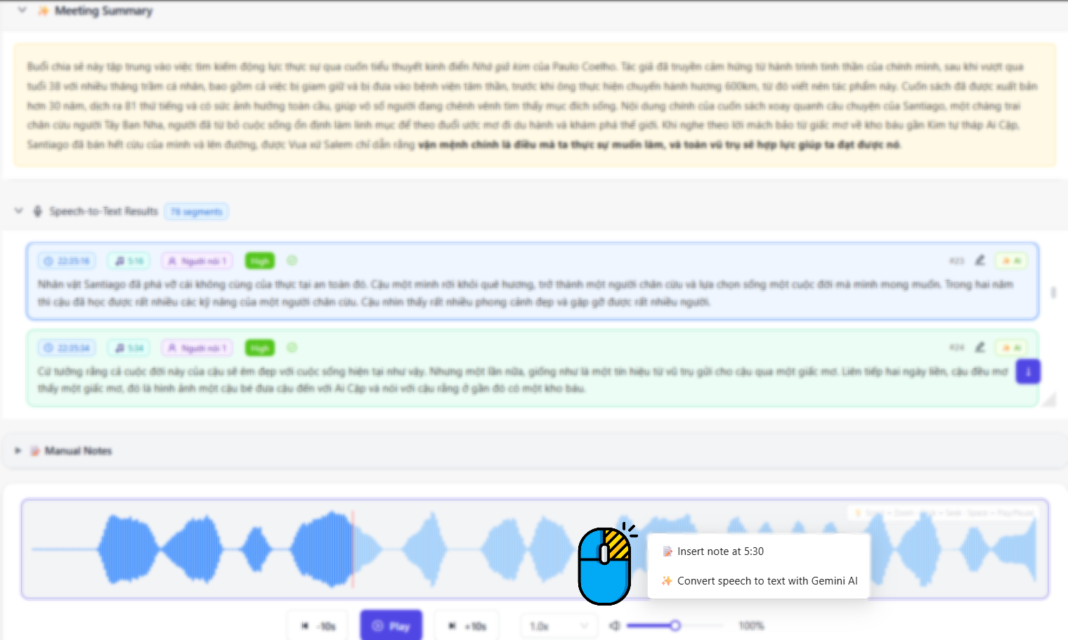 Audio waveform with transcript sync and right-click menu