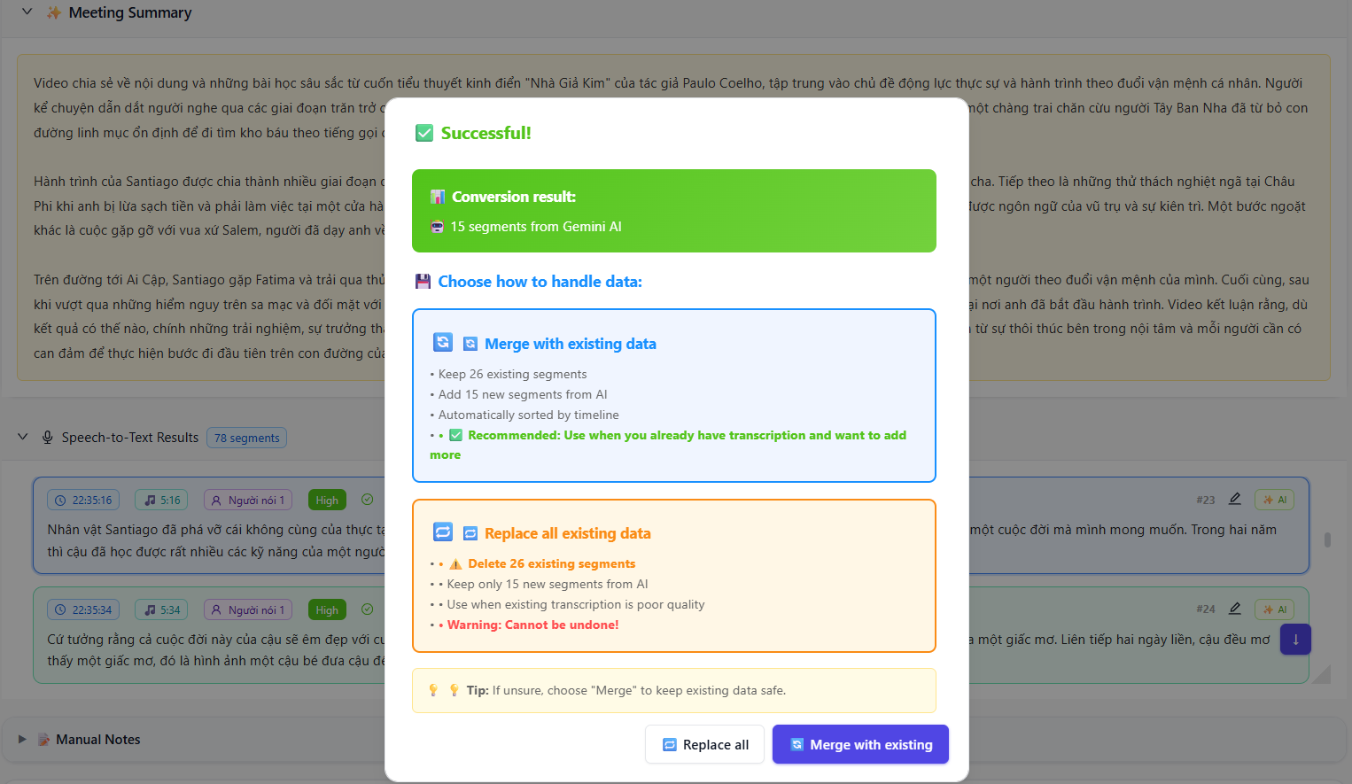 Gemini AI conversion result — merge or replace dialog