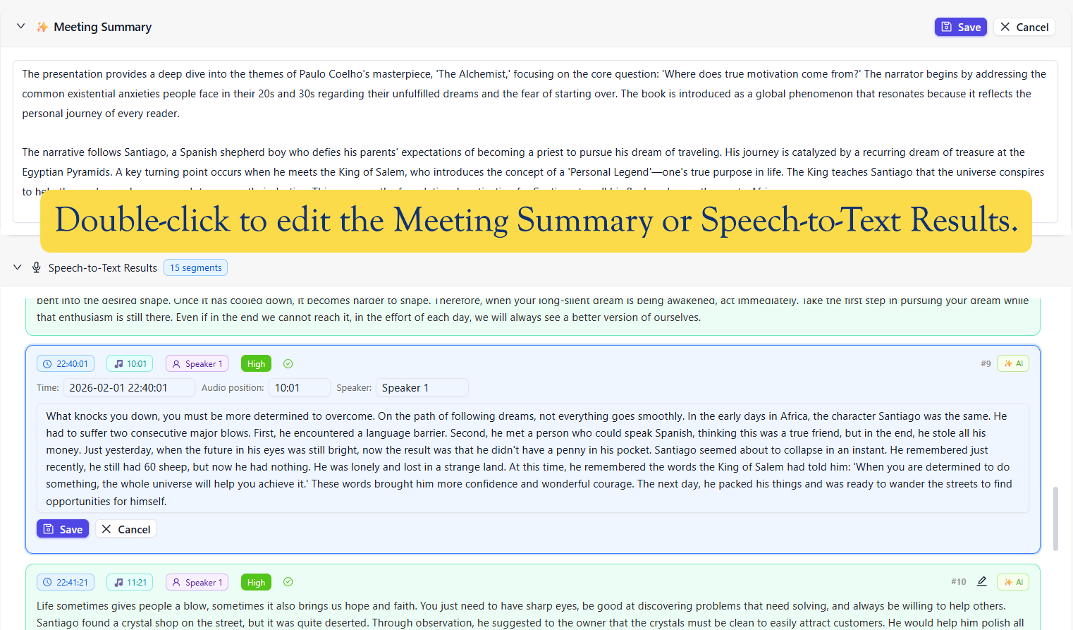 Editing meeting summary and transcript segments